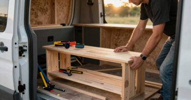 Storage bench build in a van